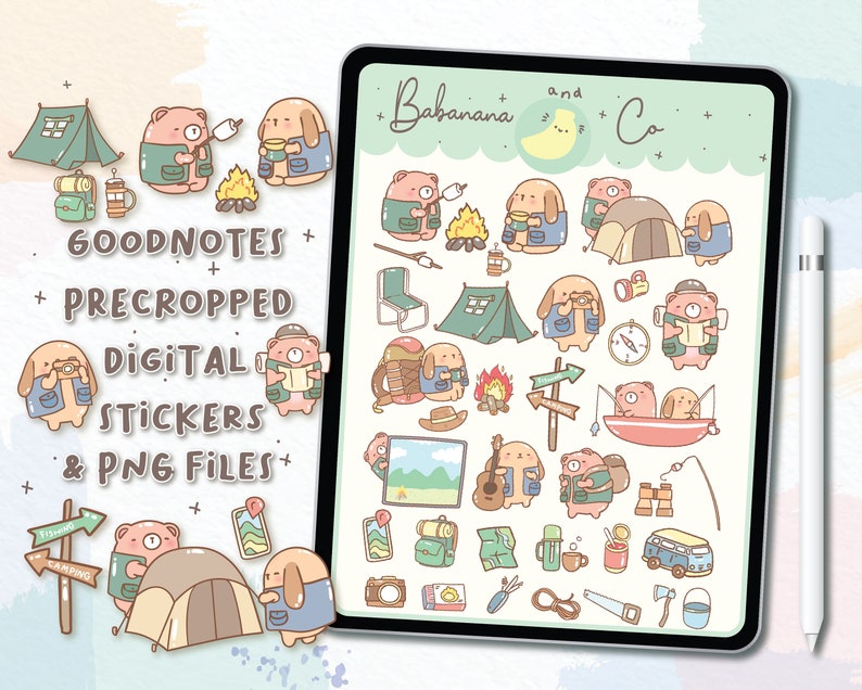 Camping Digital Stickers Goodnotes Stickers Cute Hand Draw Digits Stickers Planner Kawaii Precropped PNG image 1