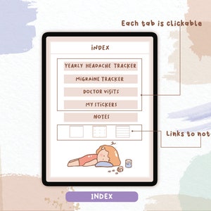 K&ouml;nnte beinhalten: Ein digitaler Planer mit einem rosa und braunen Farbschema. Der Planer hat Registerkarten f&uuml;r "J&auml;hrlicher Kopfschmerz-Tracker", "Migr&auml;ne-Tracker", "Arztbesuche", "Meine Sticker" und "Notizen". Die Registerkarten sind anklickbar und verlinken auf verschiedene Bereiche des Planers. Der Planer enth&auml;lt auch eine niedliche Illustration einer schlafenden Person.