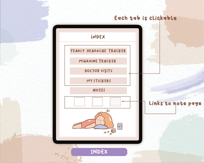 K&ouml;nnte beinhalten: Ein digitaler Planer mit einem rosa und braunen Farbschema. Der Planer hat Registerkarten f&uuml;r "J&auml;hrlicher Kopfschmerz-Tracker", "Migr&auml;ne-Tracker", "Arztbesuche", "Meine Sticker" und "Notizen". Die Registerkarten sind anklickbar und verlinken auf verschiedene Bereiche des Planers. Der Planer enth&auml;lt auch eine niedliche Illustration einer schlafenden Person.