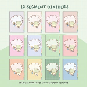 May include: Twelve colourful frog-themed divider pages for a planner or notebook. Each page features a frog holding a flower and a cloud-shaped space for writing. The text "12 SEGMENT DIVIDERS" is at the top of the image. The text "ORGANIZE YOUR NOTES INTO DIFFERENT SECTIONS" is at the bottom of the image.