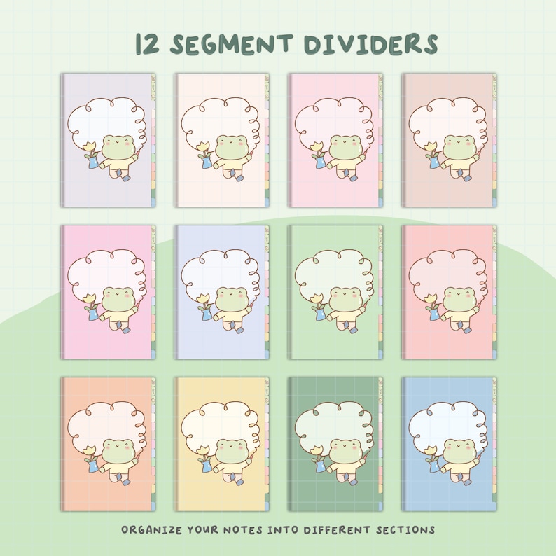 May include: Twelve colourful frog-themed divider pages for a planner or notebook. Each page features a frog holding a flower and a cloud-shaped space for writing. The text "12 SEGMENT DIVIDERS" is at the top of the image. The text "ORGANIZE YOUR NOTES INTO DIFFERENT SECTIONS" is at the bottom of the image.