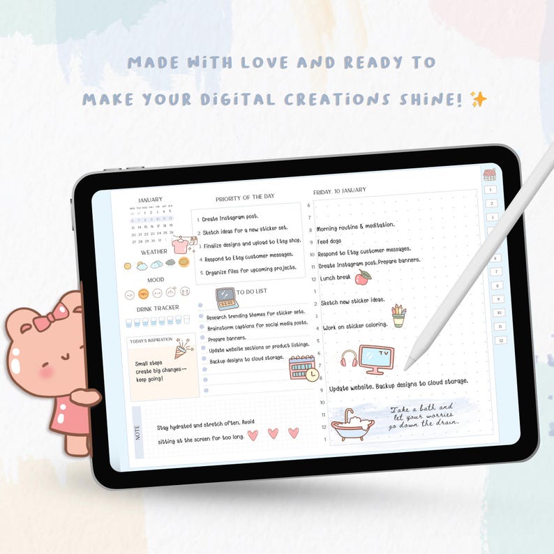 May include: A digital planner displayed on a tablet screen with a stylus, featuring a daily schedule, to-do list, and weather tracker. The text reads: MADE WITH LOVE AND READY TO MAKE YOUR DIGITAL CREATIONS SHINE! A cartoon bear character is on the left.