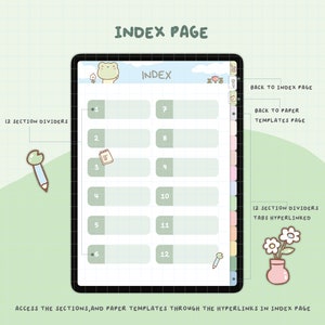 May include: A digital planner index page with 12 sections, each with a number and a blank space for a title. The page has a green and white colour scheme with a frog illustration at the top. The right side of the page has a column of coloured tabs with the text "12 section dividers tabs hyperlinked" and "back to index page" and "back to paper templates page".