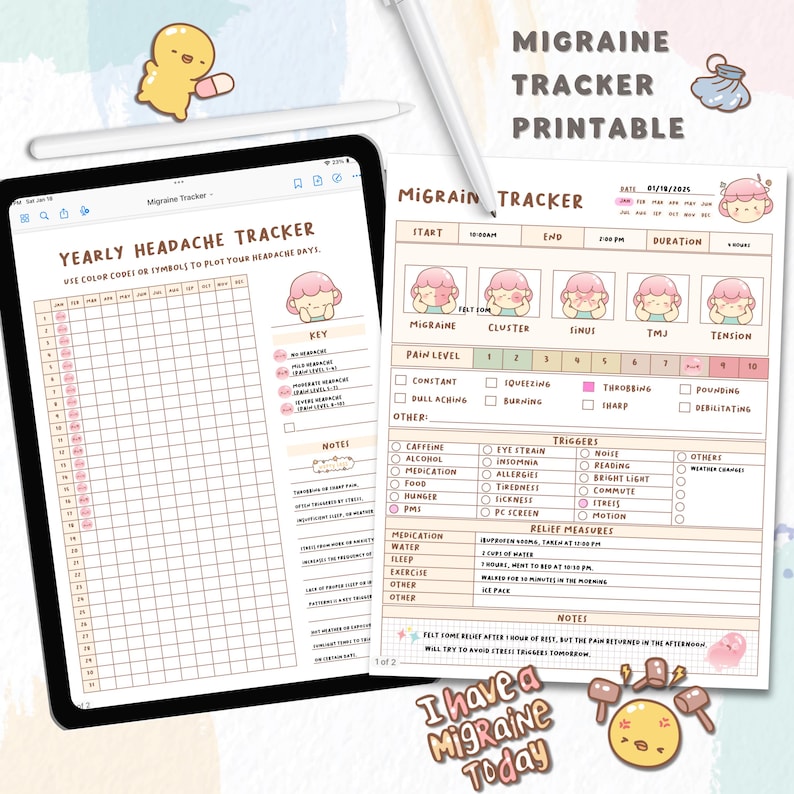 May include: Printable migraine tracker with a calendar, key, and notes section. The tracker includes sections for pain level, triggers, and relief measures. The tracker is designed to help people track their migraines and identify patterns.