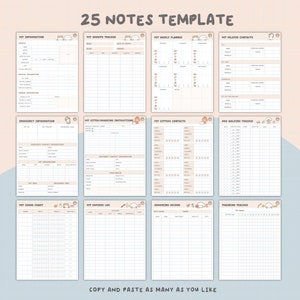 Puede incluir: Un conjunto de 25 plantillas de notas imprimibles con tem&aacute;tica de mascotas. Las plantillas incluyen secciones para informaci&oacute;n de mascotas, seguimiento del crecimiento, planificador semanal, informaci&oacute;n de emergencia, contactos de cuidadores de mascotas, seguimiento de paseos de perros, tabla de tareas dom&eacute;sticas, registro de gastos, registro de aseo y seguimiento del entrenamiento. Las plantillas est&aacute;n decoradas con lindas ilustraciones de dibujos animados de gatos y perros.