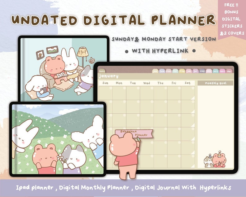 Puede incluir: Un planificador digital sin fecha con un lindo tema de dibujos animados. El planificador incluye una vista de calendario mensual y una portada con personajes de dibujos animados. La imagen tambi&eacute;n incluye el texto "Sunday & Monday Start Version" y "With Hyperlink". Se incluyen pegatinas digitales de bonificaci&oacute;n y 2 portadas.