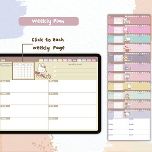 Puede incluir: Planificador semanal digital con un tema de conejito. El planificador presenta un calendario, una secci&oacute;n de objetivos semanales y espacio para notas. El texto "weekly Plan" y "Click to each weekly Page" es visible. El planificador est&aacute; dise&ntilde;ado con colores pastel.