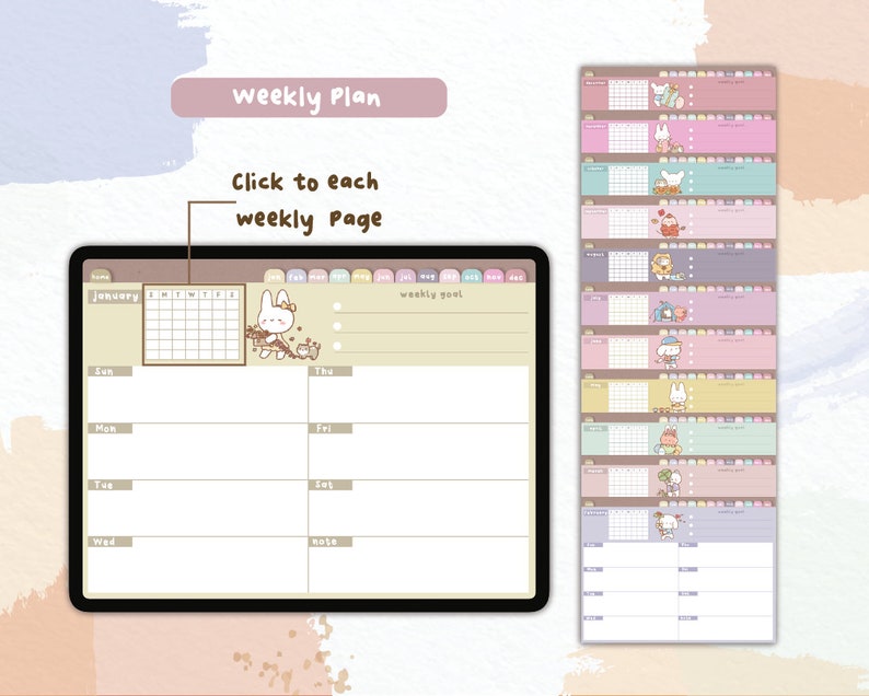 Puede incluir: Planificador semanal digital con un tema de conejito. El planificador presenta un calendario, una secci&oacute;n de objetivos semanales y espacio para notas. El texto "weekly Plan" y "Click to each weekly Page" es visible. El planificador est&aacute; dise&ntilde;ado con colores pastel.