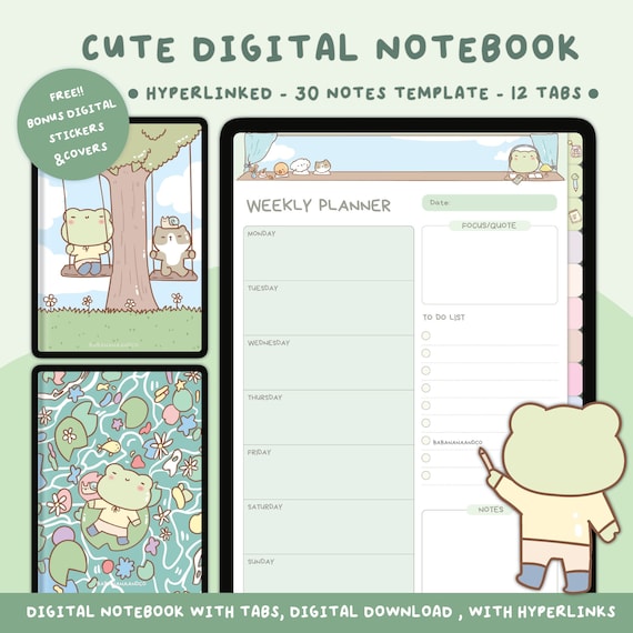 Kawaii Digital Notebook PDF | 12 Hyperlinked Tabs |  Portrait Note Templates |Goodnotes Notability iPad Student