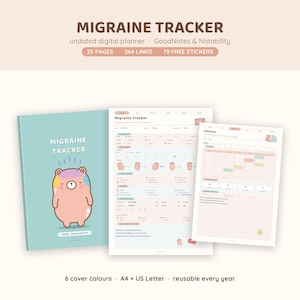 Könnte beinhalten: Ein digitaler Migräne-Tracker-Planer mit hellblauem Einband, einer rosa Bärenillustration und dem Text Migraine Tracker. Enthält interne Seiten zur Symptomverfolgung, einen Januar-Kalender und Notizbereiche, kompatibel mit GoodNotes und Notability.
