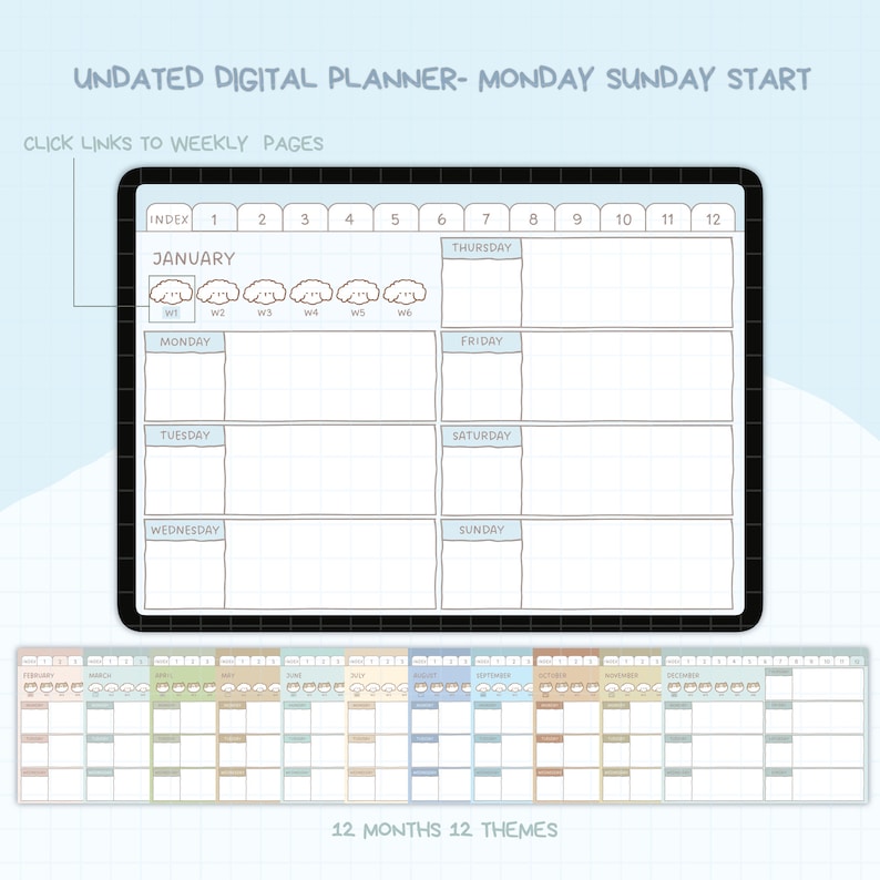 K&ouml;nnte beinhalten: Digitaler Planer mit Rasterlayout, mit dem Text "UNDATED DIGITAL PLANNER - MONDAY SUNDAY START". Der Planer enth&auml;lt einen Monatskalender und ein Wochenlayout mit Platz f&uuml;r Notizen. Das Design enth&auml;lt niedliche Cartoon-Hunde-Illustrationen.
