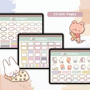 Puede incluir: P&aacute;ginas de pegatinas digitales mostradas en tabletas. Las p&aacute;ginas presentan varios dise&ntilde;os de pegatinas, incluyendo formas geom&eacute;tricas, cajas rectangulares e ilustraciones de animales lindos. El texto "Sticker Pages" es visible en la parte superior de la imagen.