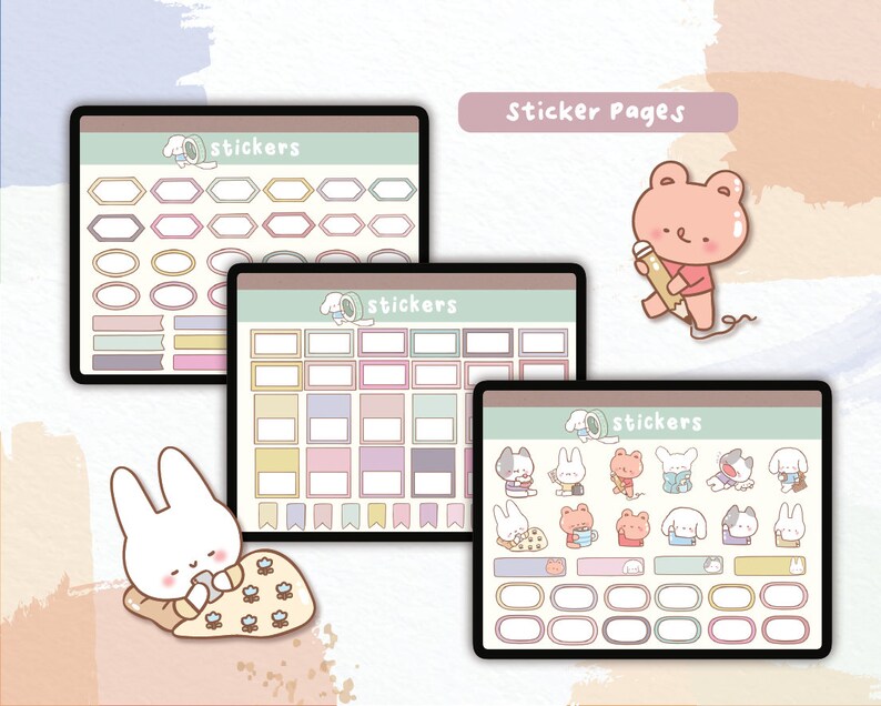 Puede incluir: P&aacute;ginas de pegatinas digitales mostradas en tabletas. Las p&aacute;ginas presentan varios dise&ntilde;os de pegatinas, incluyendo formas geom&eacute;tricas, cajas rectangulares e ilustraciones de animales lindos. El texto "Sticker Pages" es visible en la parte superior de la imagen.