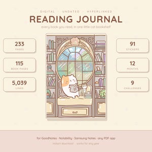 Könnte beinhalten: Ein digitales, undatiertes, verlinktes Lesetagebuch mit Katzenillustration. Das Cover zeigt eine Katze, die in einer Bibliothek liest. Text: READING JOURNAL, 233 PAGES, 115 BOOK PAGES, 5,039 LINKS, 91 STICKERS, 12 MONTHS, 9 CHALLENGES.