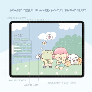 K&ouml;nnte beinhalten: Ein undatierter digitaler Planer auf einem Tablet. Es zeigt eine Cartoon-Illustration mit einem Frosch und einem M&auml;dchen. Der Planer enth&auml;lt Links zum Kalender, Jahresplan, Stickern und Notizen. Der Text "UNDATED DIGITAL PLANNER" befindet sich oben.