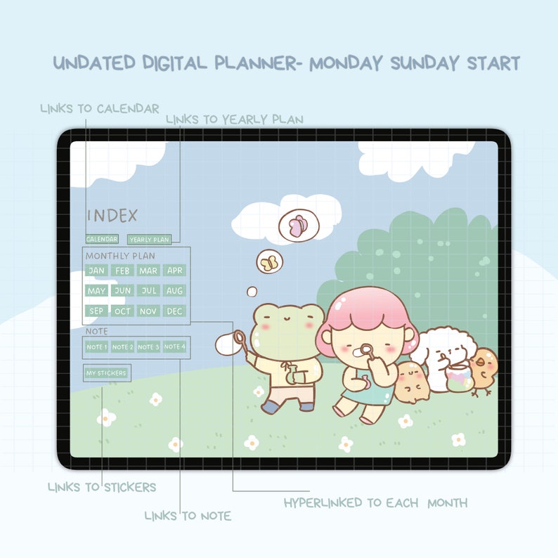 K&ouml;nnte beinhalten: Ein undatierter digitaler Planer auf einem Tablet. Es zeigt eine Cartoon-Illustration mit einem Frosch und einem M&auml;dchen. Der Planer enth&auml;lt Links zum Kalender, Jahresplan, Stickern und Notizen. Der Text "UNDATED DIGITAL PLANNER" befindet sich oben.