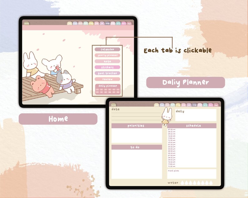 Puede incluir: Interfaz de planificador digital en tonos rosa y beige, con personajes de dibujos animados. El texto "Home" y "Daily Planner" es visible. Incluye secciones para calendario, notas y horarios diarios. Cada pesta&ntilde;a es clickeable.