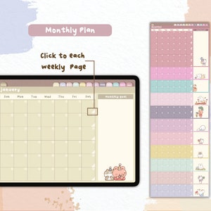 Puede incluir: Planificador digital con vista de calendario mensual y un calendario vertical separado. El planificador tiene un esquema de color beige y pastel con bonitas ilustraciones. El texto en la imagen incluye "Monthly Plan" y "Click to each weekly Page".