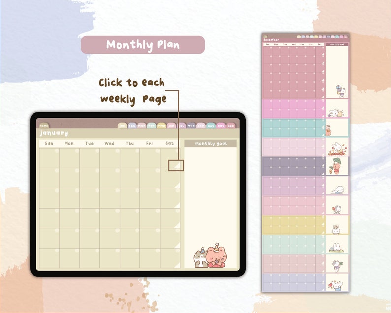 Puede incluir: Planificador digital con vista de calendario mensual y un calendario vertical separado. El planificador tiene un esquema de color beige y pastel con bonitas ilustraciones. El texto en la imagen incluye "Monthly Plan" y "Click to each weekly Page".
