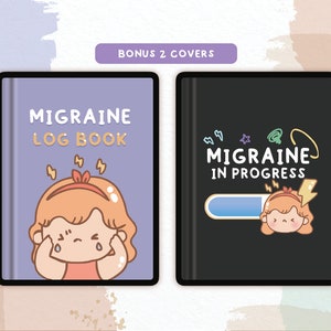 K&ouml;nnte beinhalten: Zwei Buchcover mit einer Cartoon-Illustration einer Person mit Kopfschmerzen. Das erste Cover ist lila mit dem Text "Migraine Log Book". Das zweite Cover ist schwarz mit dem Text "Migraine in Progress" und einer Fortschrittsanzeige.