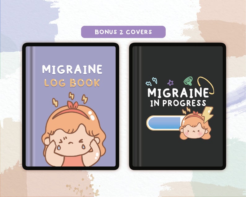 K&ouml;nnte beinhalten: Zwei Buchcover mit einer Cartoon-Illustration einer Person mit Kopfschmerzen. Das erste Cover ist lila mit dem Text "Migraine Log Book". Das zweite Cover ist schwarz mit dem Text "Migraine in Progress" und einer Fortschrittsanzeige.