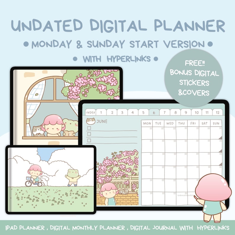 K&ouml;nnte beinhalten: Ein undatierter digitaler Planer mit Montag- und Sonntag-Startversion, mit Hyperlinks. Das Bild zeigt einen digitalen Monatsplaner mit niedlichen Illustrationen, darunter ein Kalenderlayout f&uuml;r Juni und digitale Sticker.
