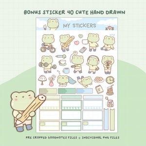 May include: A set of 40 cute hand-drawn frog stickers. The stickers feature a variety of frogs in different poses, including holding a pencil, riding a bike, and drinking coffee. The stickers are perfect for adding a touch of whimsy to your planner, journal, or laptop.