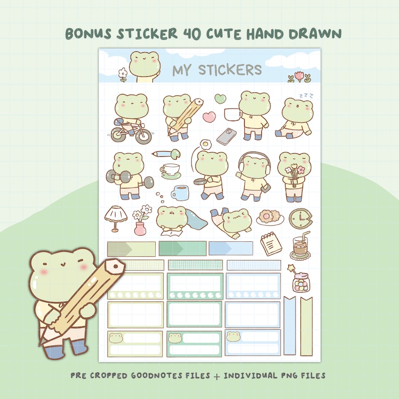 May include: A set of 40 cute hand-drawn frog stickers. The stickers feature a variety of frogs in different poses, including holding a pencil, riding a bike, and drinking coffee. The stickers are perfect for adding a touch of whimsy to your planner, journal, or laptop.