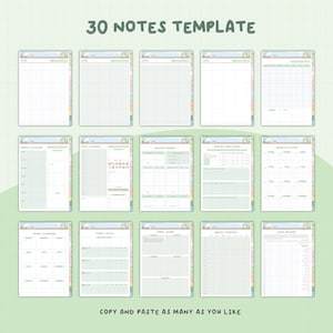 May include: A set of 30 printable note templates featuring a cute cartoon character. The templates include various layouts for planning, budgeting, goal setting, and more. The templates are designed with a green and white colour scheme and have a whimsical, hand-drawn style.