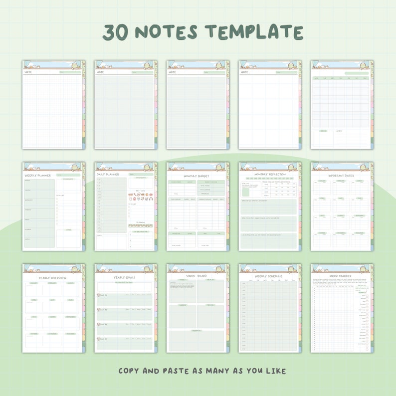 May include: A set of 30 printable note templates featuring a cute cartoon character. The templates include various layouts for planning, budgeting, goal setting, and more. The templates are designed with a green and white colour scheme and have a whimsical, hand-drawn style.