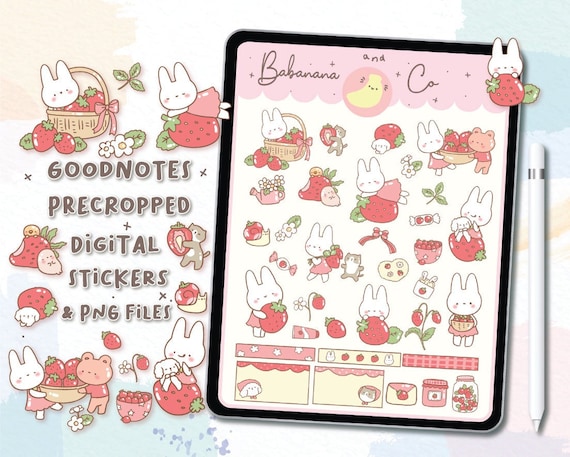 Cute Hand Drawn Cute Strawberry digital stickers | Goodnotes Stickers | Digits Stickers | planner | kawaii | precropped png