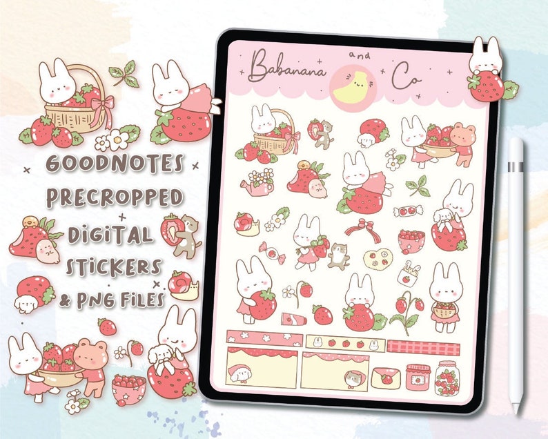May include: A digital sticker set featuring cute bunny and strawberry illustrations. The stickers are pre-cropped for Goodnotes and come with PNG files. The set includes a variety of stickers, including bunnies holding strawberries, strawberries in baskets, and strawberry plants.