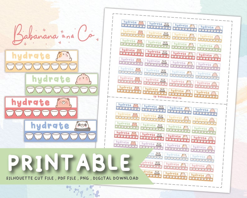 May include: Printable digital stickers featuring a variety of cute animal illustrations. The stickers are designed for use as water trackers and feature a row of 10 cups with the word "hydrate" at the top. The stickers are available in a variety of colors and feature different animals, including a panda, a bear, and a cat.