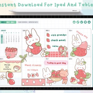 May include: A digital planner page with a weekly calendar layout. The page features a pink and white color scheme with illustrations of bunnies holding strawberries. The calendar dates are January 2nd to January 8th. The text "Week 2 Jan 2-Jan 8" is at the top of the page.