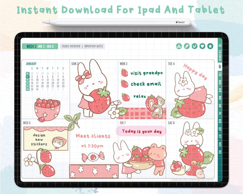 May include: A digital planner page with a weekly calendar layout. The page features a pink and white color scheme with illustrations of bunnies holding strawberries. The calendar dates are January 2nd to January 8th. The text "Week 2 Jan 2-Jan 8" is at the top of the page.