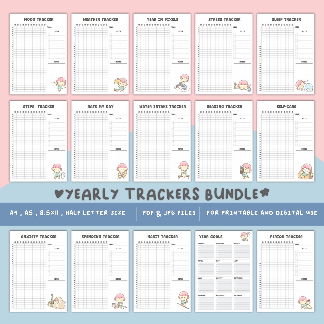 Yearly Trackers Bundle | Printable Bullett Journal | Printable Pages ...
