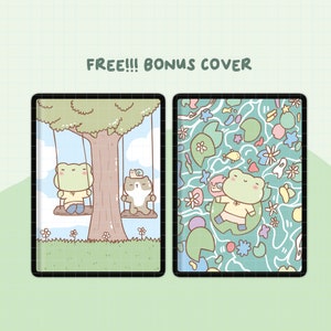 May include: Two digital phone covers featuring a green frog theme. The first cover shows a frog and a cat on a swing set. The second cover depicts a frog floating on a lily pad in a pond with lily pads and flowers.