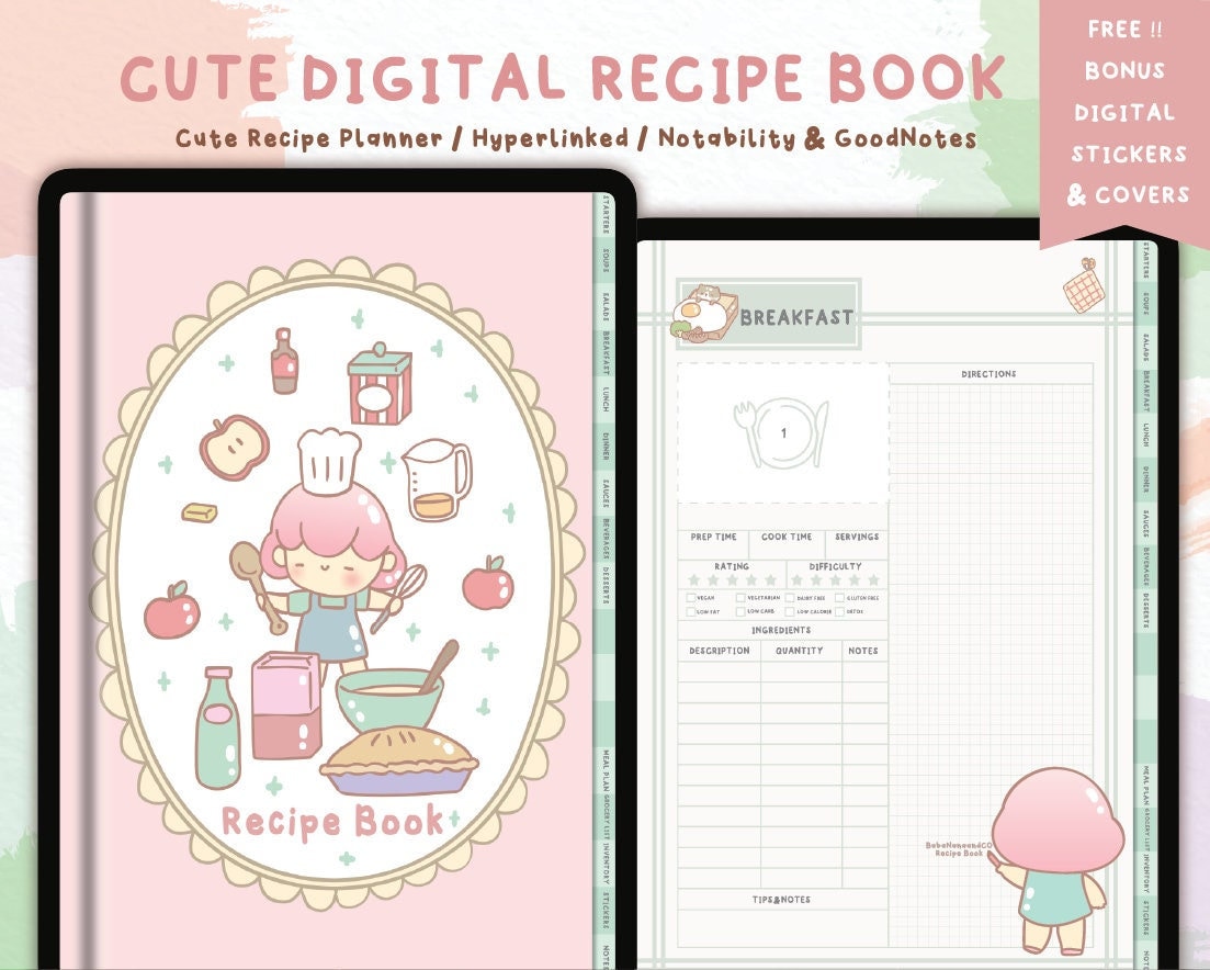 Cute Digital Recipe Book,meal Planner,recipe Journal,digital Cookbook for  Ipad,template for Goodnotes,notability,digitalhyperlinked PDF (Instant  Download) 