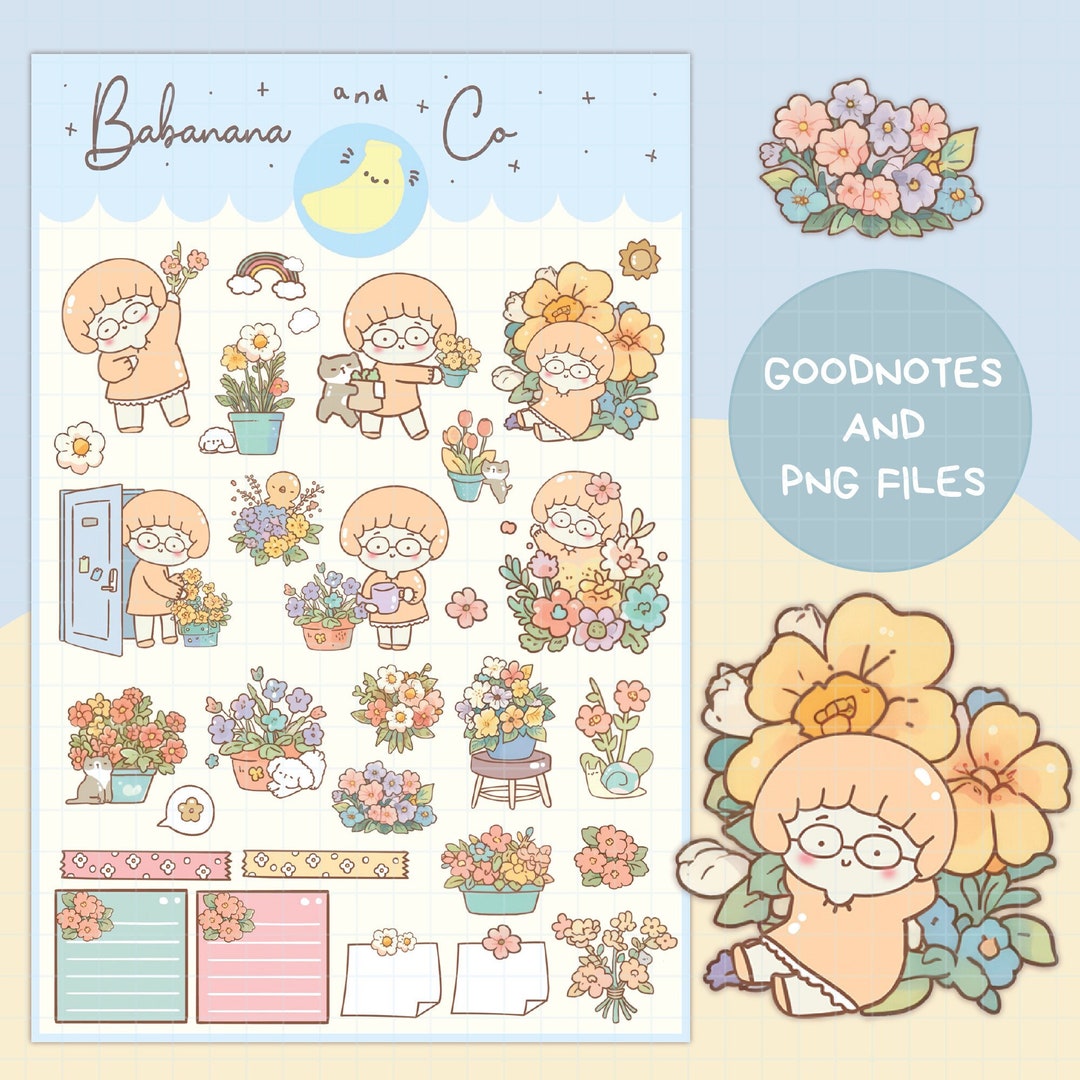 Cute Hand Drawn Flower Girl Digital Stickers | Goodnotes Stickers ...