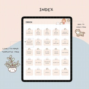 Puede incluir: Una p&aacute;gina de &iacute;ndice de planificador digital con una cuadr&iacute;cula de cuadrados coloridos, cada uno con una categor&iacute;a diferente para el cuidado de las mascotas. Las categor&iacute;as incluyen informaci&oacute;n sobre mascotas, seguimiento del crecimiento, planificador semanal, contactos relacionados, informaci&oacute;n de emergencia, instrucciones para la guarder&iacute;a/pensi&oacute;n de mascotas, contactos de cuidadores de mascotas, seguimiento de los paseos de perros, tabla de tareas dom&eacute;sticas, registro de gastos de mascotas, registro de aseo, seguimiento del entrenamiento, seguimiento del cuidado de las mascotas, horario de alimentaci&oacute;n, receta de golosinas, seguimiento de medicamentos, visitas al veterinario, registro de vacunaci&oacute;n, lista de alergias, seguro de mascotas, notas 1, notas 2, notas 3, notas 4 y mis pegatinas. La p&aacute;gina de &iacute;ndice est&aacute; dise&ntilde;ada para ayudar a los due&ntilde;os de mascotas a organizar la informaci&oacute;n sobre el cuidado de sus mascotas.