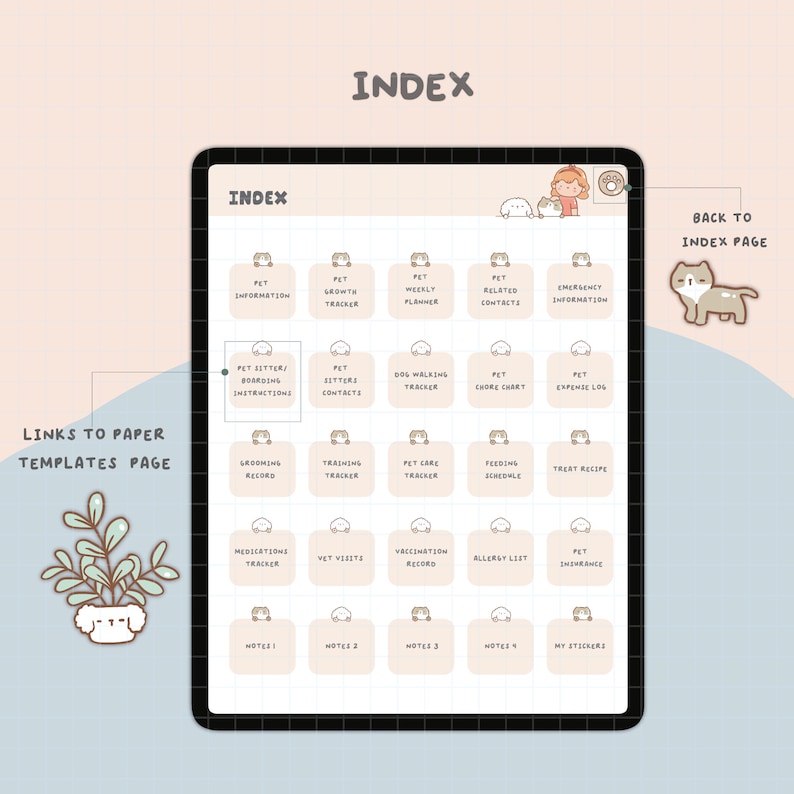 Puede incluir: Una p&aacute;gina de &iacute;ndice de planificador digital con una cuadr&iacute;cula de cuadrados coloridos, cada uno con una categor&iacute;a diferente para el cuidado de las mascotas. Las categor&iacute;as incluyen informaci&oacute;n sobre mascotas, seguimiento del crecimiento, planificador semanal, contactos relacionados, informaci&oacute;n de emergencia, instrucciones para la guarder&iacute;a/pensi&oacute;n de mascotas, contactos de cuidadores de mascotas, seguimiento de los paseos de perros, tabla de tareas dom&eacute;sticas, registro de gastos de mascotas, registro de aseo, seguimiento del entrenamiento, seguimiento del cuidado de las mascotas, horario de alimentaci&oacute;n, receta de golosinas, seguimiento de medicamentos, visitas al veterinario, registro de vacunaci&oacute;n, lista de alergias, seguro de mascotas, notas 1, notas 2, notas 3, notas 4 y mis pegatinas. La p&aacute;gina de &iacute;ndice est&aacute; dise&ntilde;ada para ayudar a los due&ntilde;os de mascotas a organizar la informaci&oacute;n sobre el cuidado de sus mascotas.