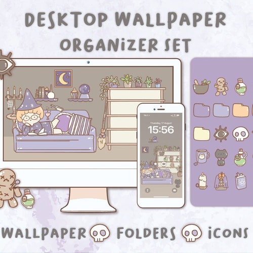 Cute Witch Desktop Wallpaper Organizer | Mac & Windows Icons (Digital Download)