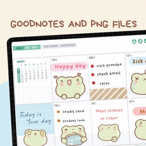 May include: A digital planner with a weekly view of January 2nd to January 8th. The planner has a light blue background with a grid pattern. The days of the week are labeled at the top of the page. The planner includes a calendar for the month of January, with the dates highlighted in red. The planner also includes a section for notes, with the text "Today is Your Day" written in black. The planner is decorated with cute frog illustrations.