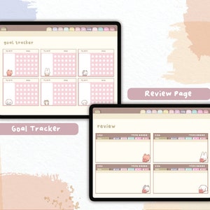 Puede incluir: Dos p&aacute;ginas de planificador digital en tabletas. Una muestra un "Goal Tracker" con casillas rosas e ilustraciones de animales. La otra es una "Review Page" con elementos de dise&ntilde;o similares. Ambas tienen un esquema de color pastel.