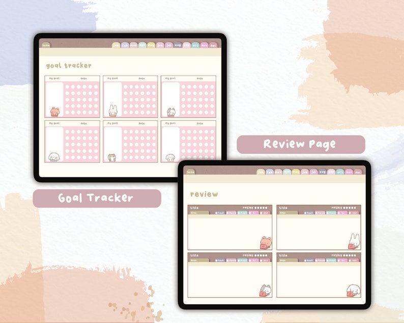 Puede incluir: Dos p&aacute;ginas de planificador digital en tabletas. Una muestra un "Goal Tracker" con casillas rosas e ilustraciones de animales. La otra es una "Review Page" con elementos de dise&ntilde;o similares. Ambas tienen un esquema de color pastel.