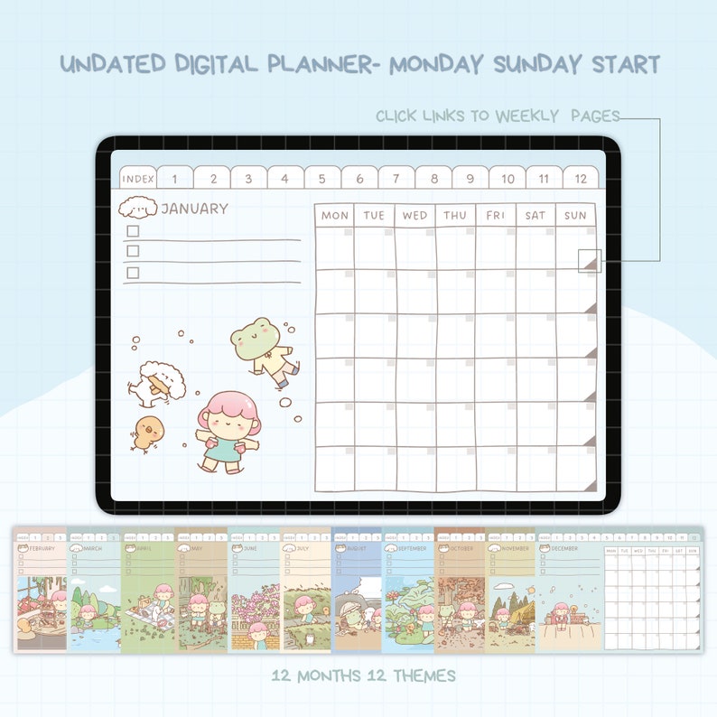 K&ouml;nnte beinhalten: Ein undatierter digitaler Planer mit Wochenstart am Montag, mit einem Januar-Kalender und skurrilen Illustrationen. Der Planer enth&auml;lt Links zu Wochenseiten und zeigt 12 Monate mit einzigartigen Themen. Der Text auf dem Bild lautet: "Undated Digital Planner - Monday Sunday Start."