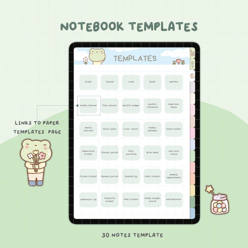 May include: A digital notebook template with 30 different note pages. The template features a green frog illustration and a variety of note page options, including weekly planner, daily planner, monthly budget, yearly overview, yearly goals, vision board, weekly schedule, mood tracker, subscription tracker, emotion journal, daily journaling, brain dump, self-care routine, fitness tracker, reading journal, reading log, habit tracker, medical appointments, medication log, password tracker, debt tracker, simple thought record, and manifestation.