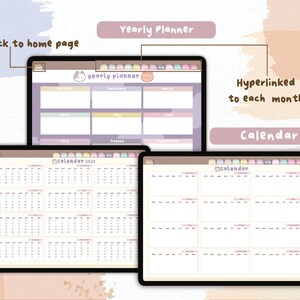 Puede incluir: Planificador digital mostrado en tres tabletas. La tableta superior muestra un planificador anual con meses. Las tabletas inferiores muestran un calendario 2023 y un calendario mensual. El texto incluye "Yearly Planner", "Calendar" y "Click to home page".