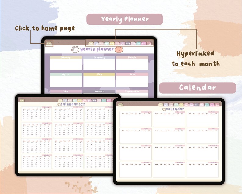 Puede incluir: Planificador digital mostrado en tres tabletas. La tableta superior muestra un planificador anual con meses. Las tabletas inferiores muestran un calendario 2023 y un calendario mensual. El texto incluye "Yearly Planner", "Calendar" y "Click to home page".