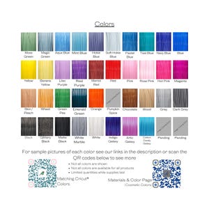 May include: A colour chart displaying a range of hues, including greens, blues, purples, reds, pinks, and neutrals. The chart features colour names such as "Moss Green," "Aqua Blue," and "Magenta." Text at the bottom provides additional information and QR codes.